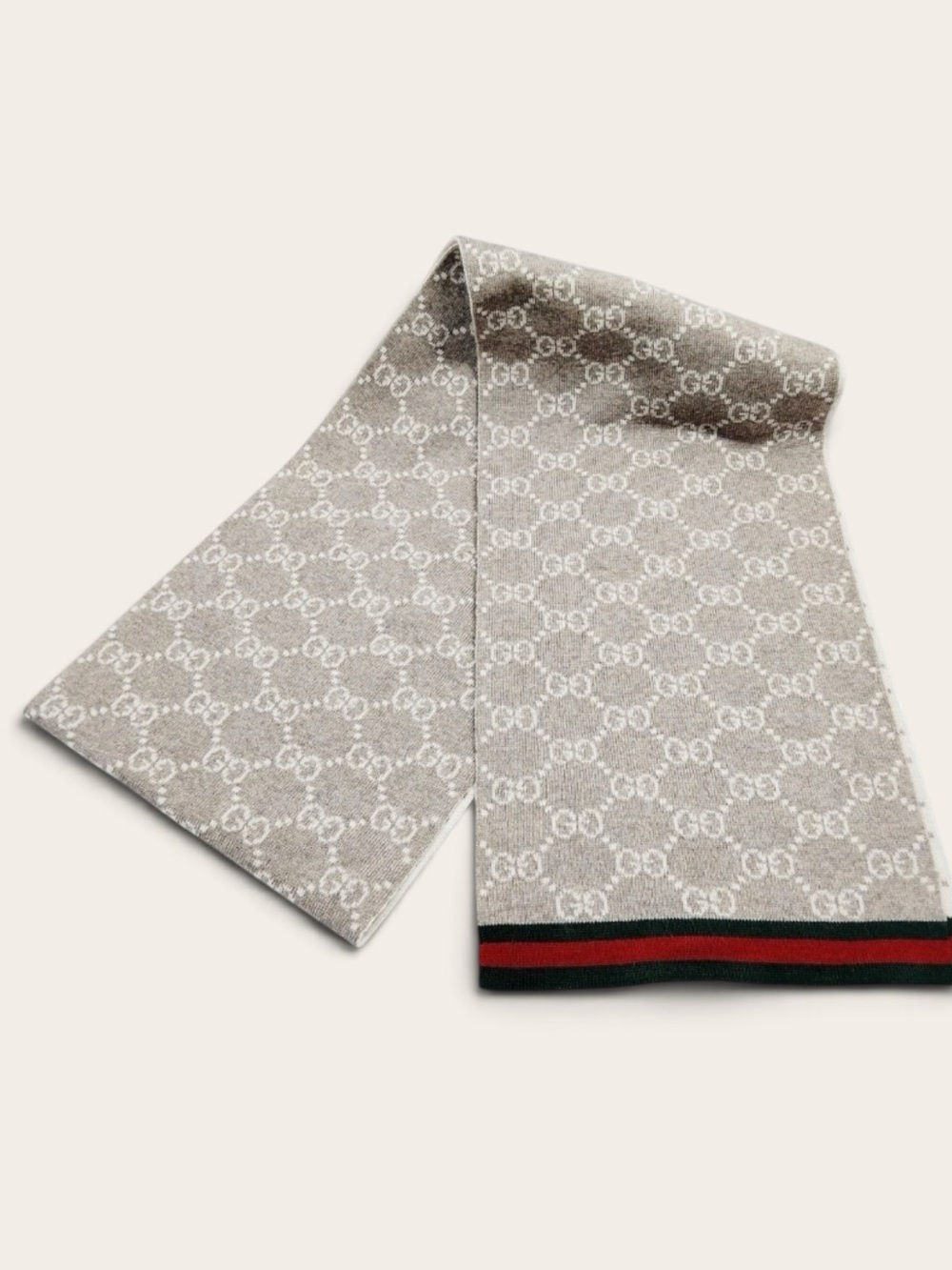 GUCCI GG Monogram 100% Wool Scarf Stole Beige Light Brown Web Stripe